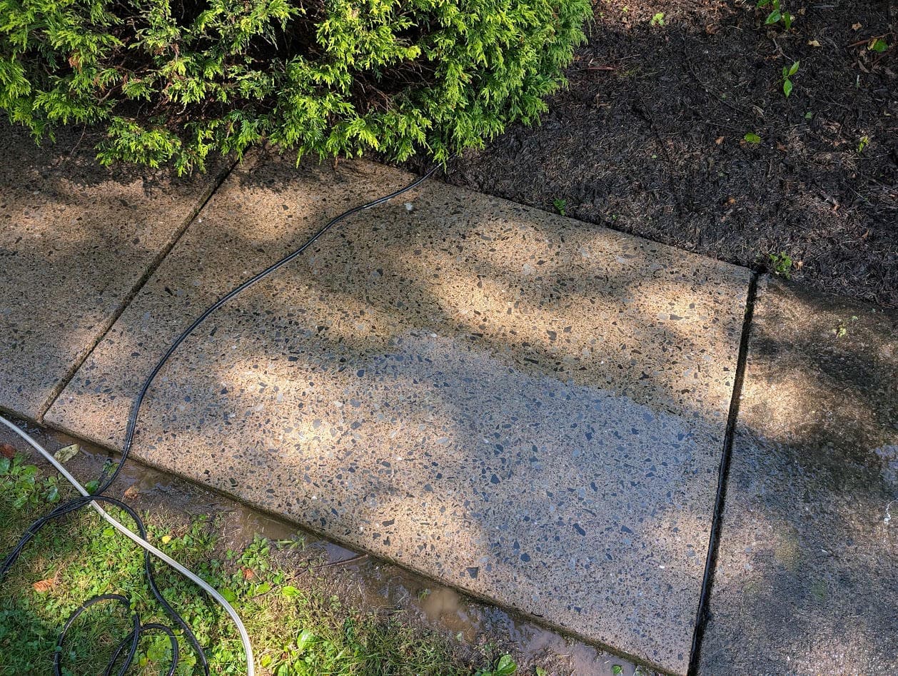 The exposed-aggregate sidewalk washed clean and wet, its original color and stone aggregate showing again