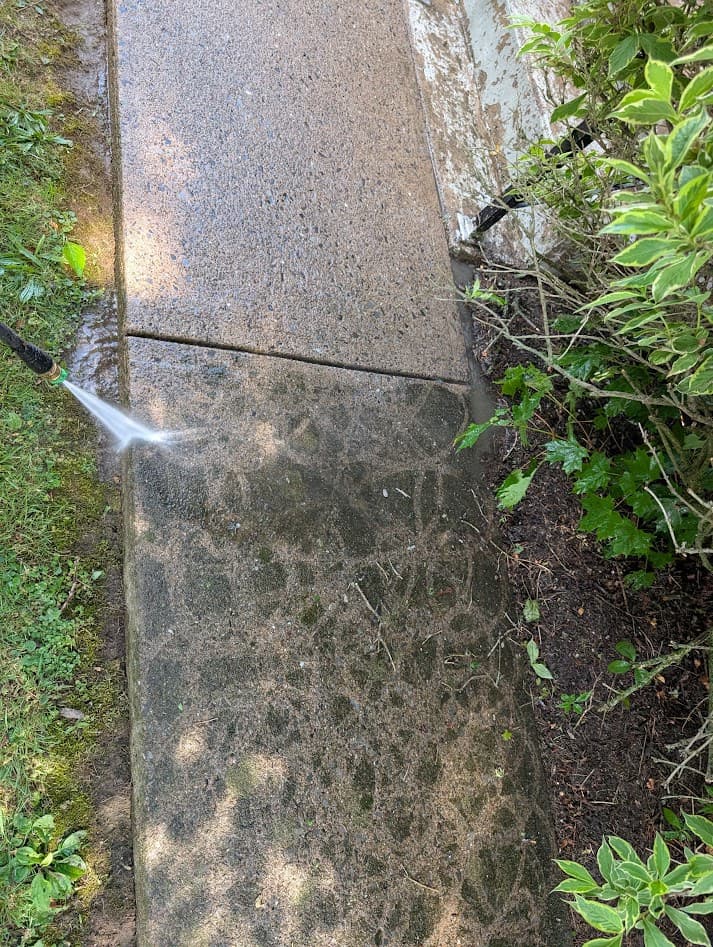 Pressure-washing the sidewalk — the spray wand cutting a clean stripe through the algae back to bare concrete