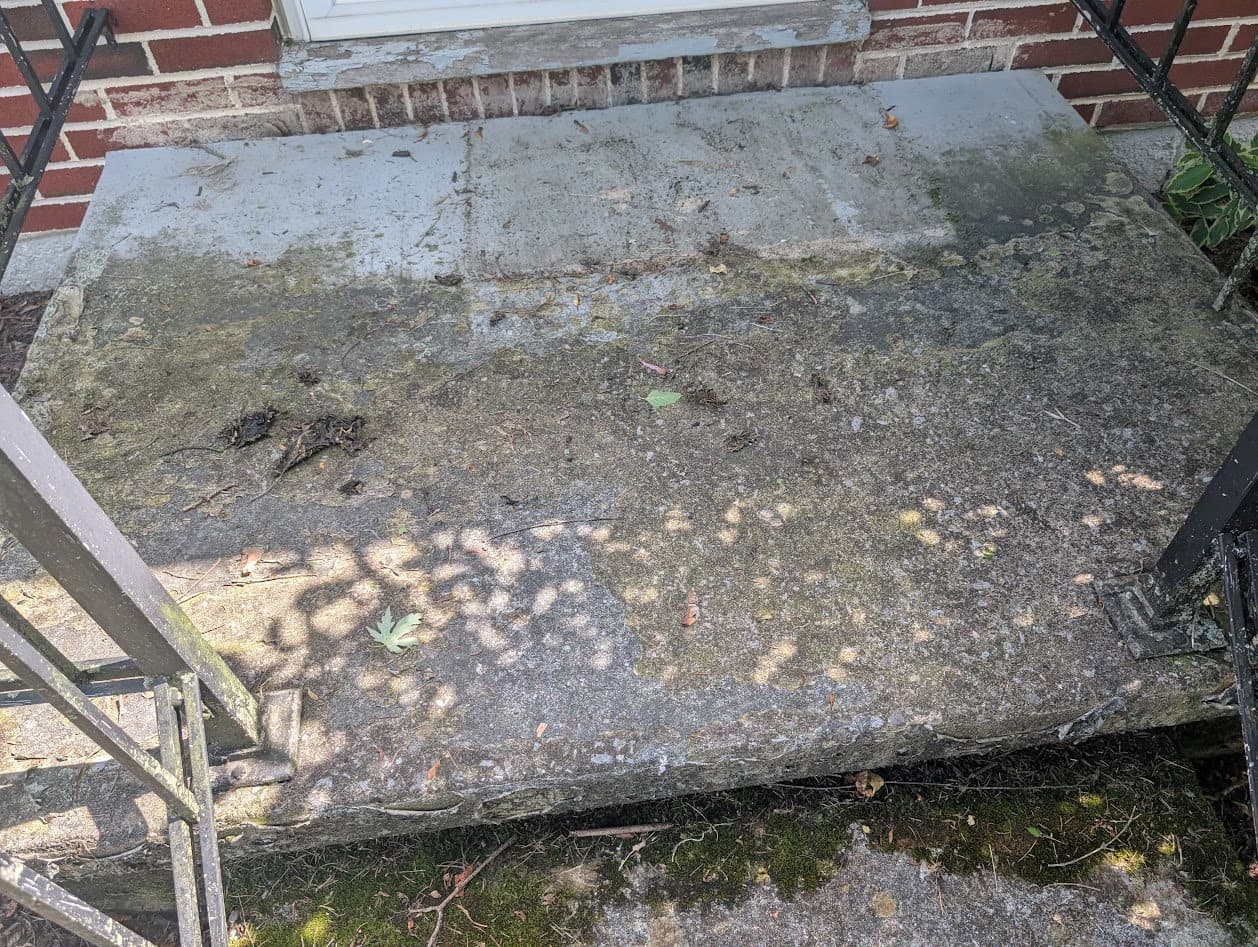 The concrete entry stoop and steps before cleaning — grimy and grown over with algae and moss, against a brick house with iron railings