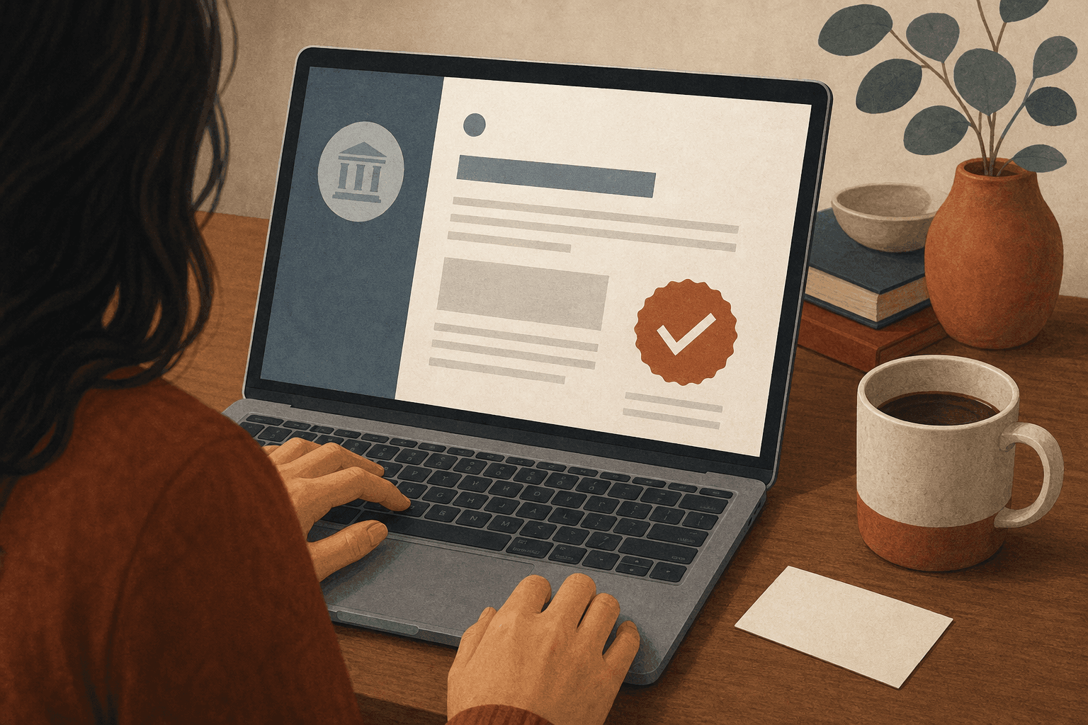 Illustration of a homeowner checking an official registry on a laptop with a contractor business card beside it