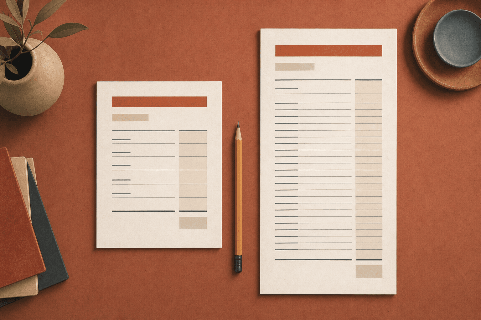Illustration of two estimate documents side by side on a desk, one noticeably longer than the other