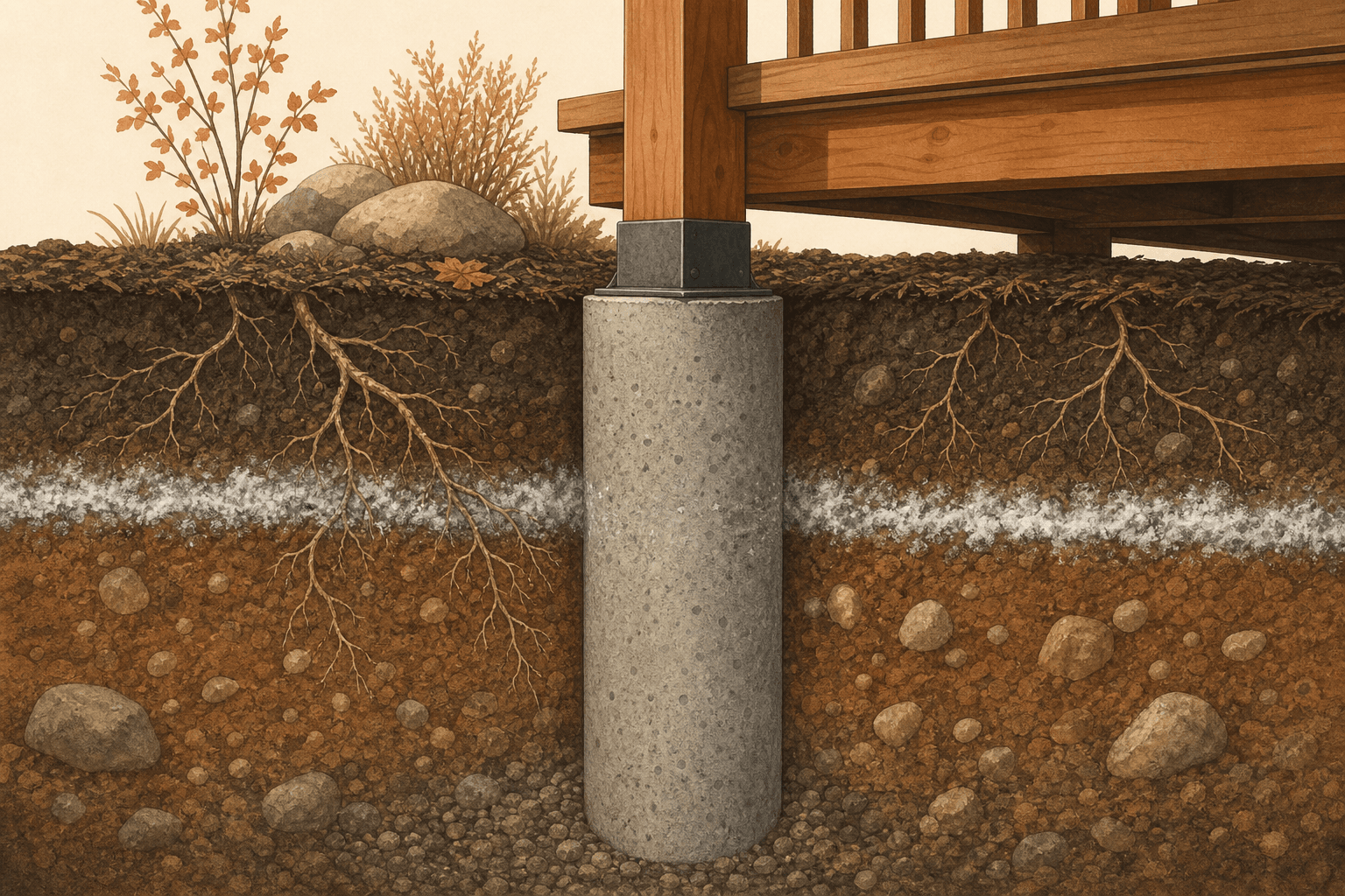 Illustration of a deck footing cross-section showing a concrete pier reaching below the frost line