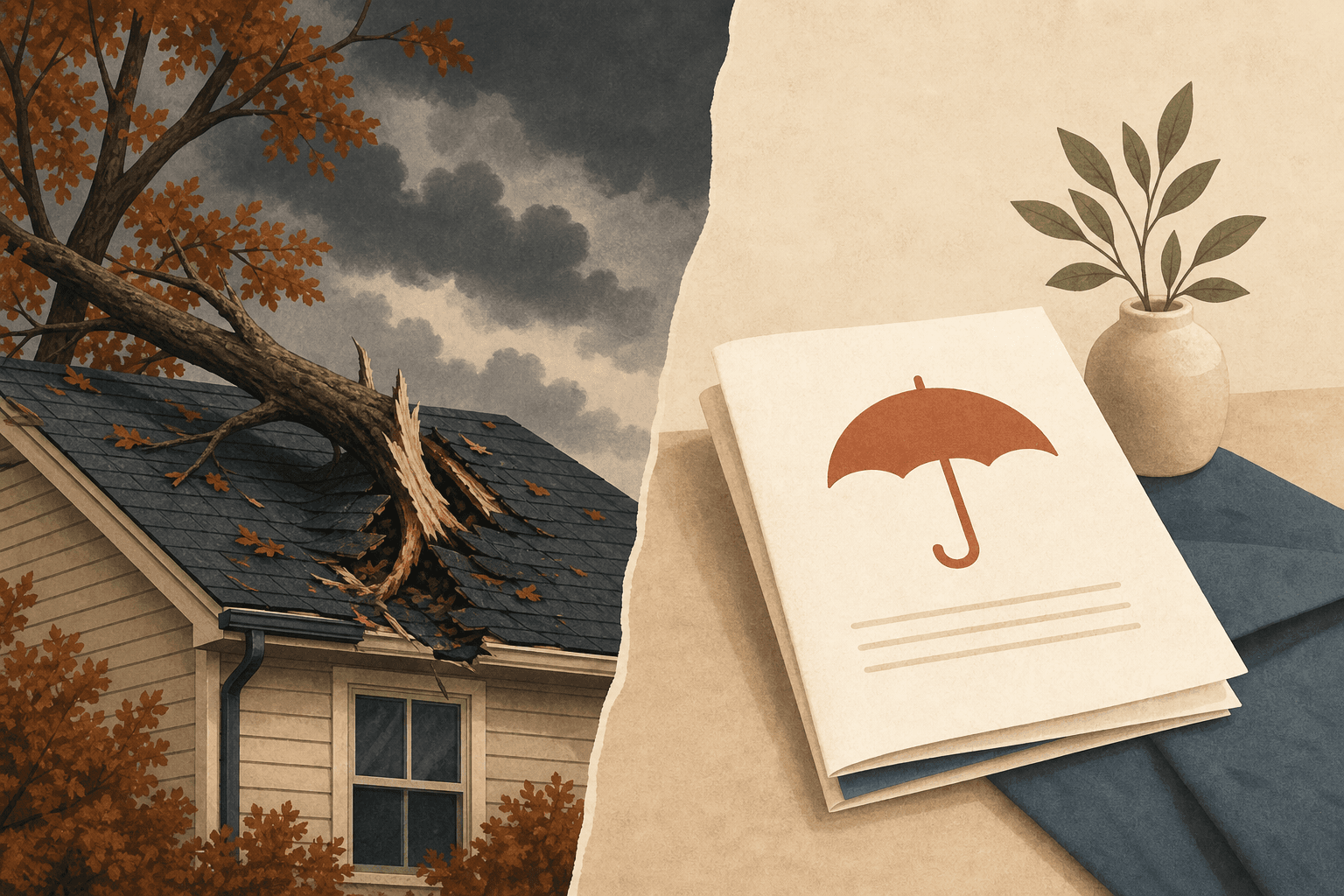 Illustration of a house roof under a storm cloud beside an insurance policy document