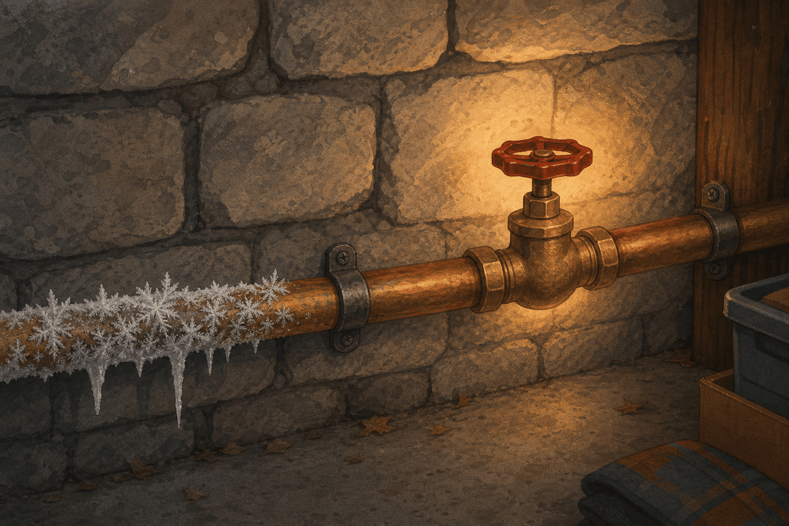 Illustration of a frost-covered water pipe along a basement wall with a shutoff valve highlighted