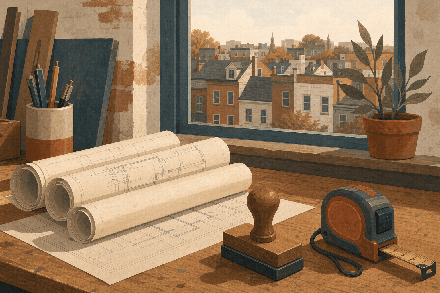 Illustration of rolled building plans, a rubber stamp, and a tape measure on a workbench