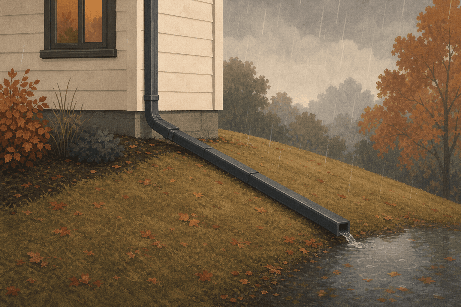 Illustration of rain flowing from a downspout extension away from a house foundation