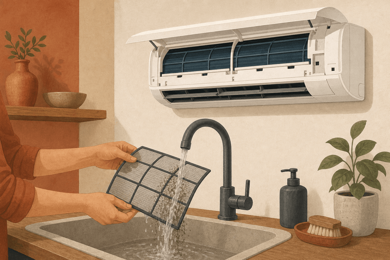 Illustration of hands rinsing a mini-split filter beside a wall-mounted indoor unit