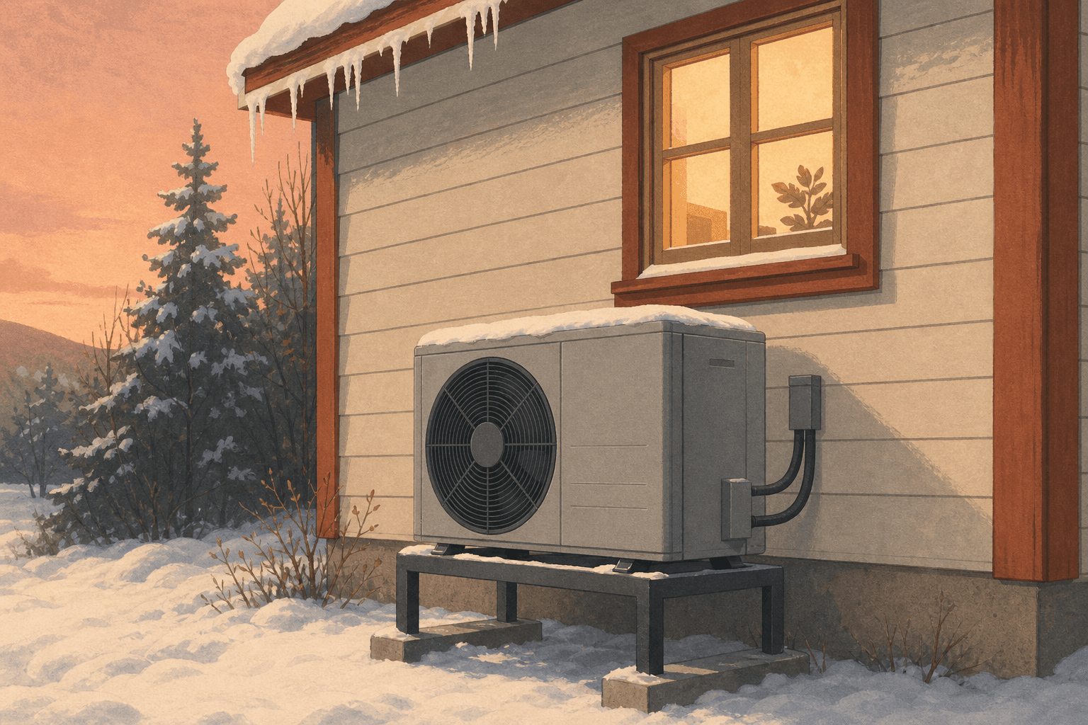 Illustration of an outdoor heat pump unit running beside a snow-covered house wall