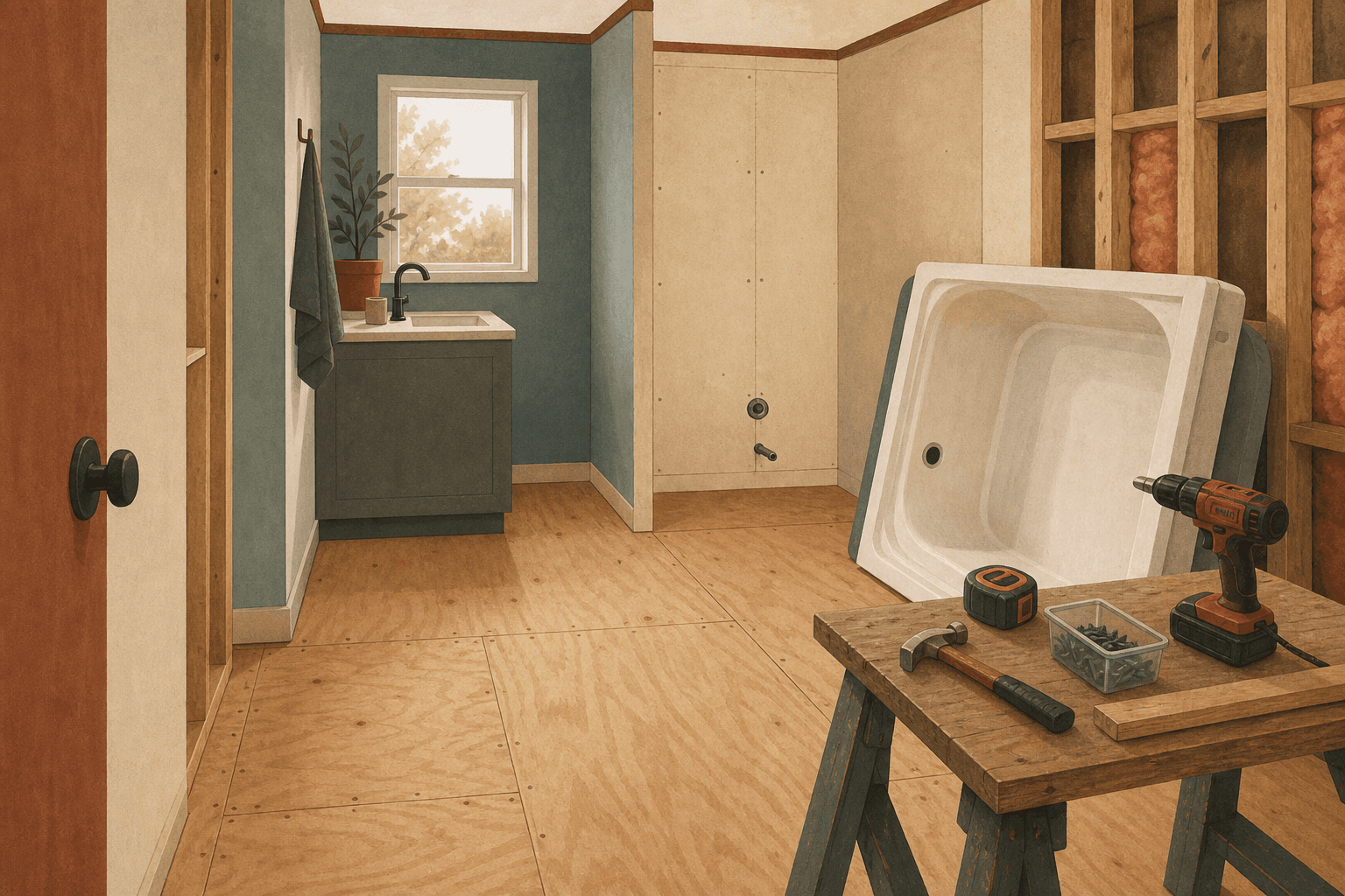 Illustration of a small mobile home bathroom mid-remodel with new subfloor panels and a compact tub