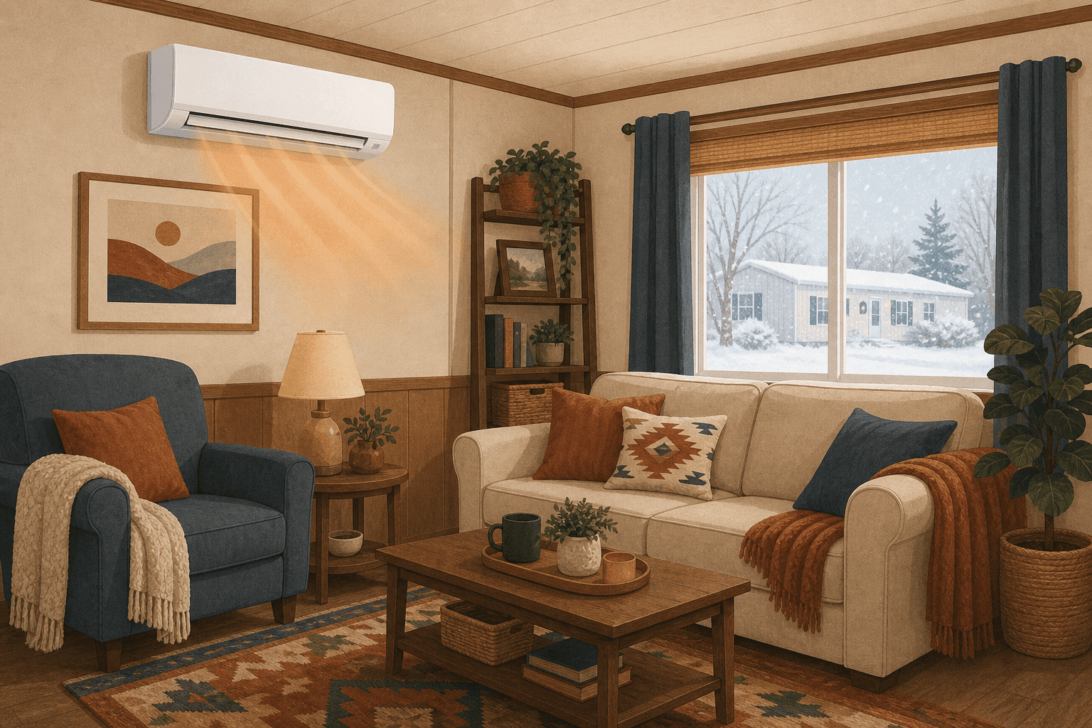 Illustration of a ductless mini-split head warming a cozy mobile home living room in winter