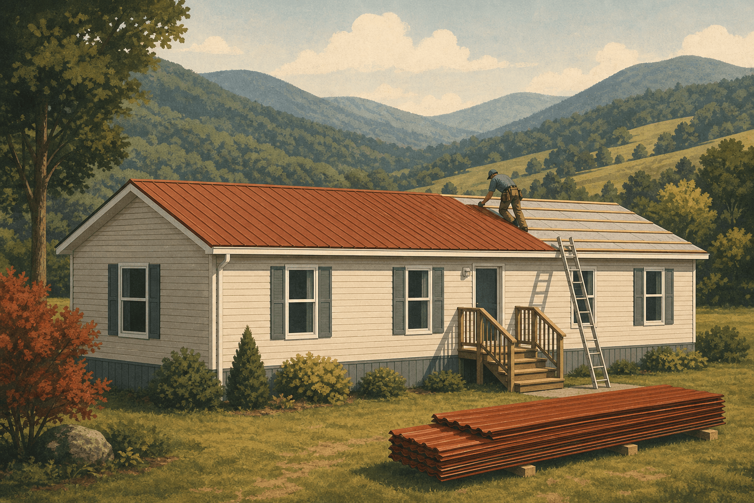 Illustration of a manufactured home getting a new gabled metal roof, ladder against the side