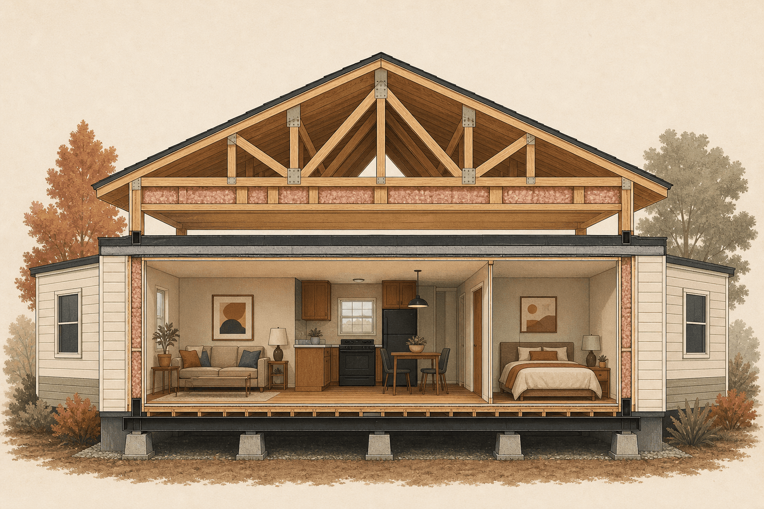 Cross-section illustration of a new pitched truss roof built over a flat mobile home roof