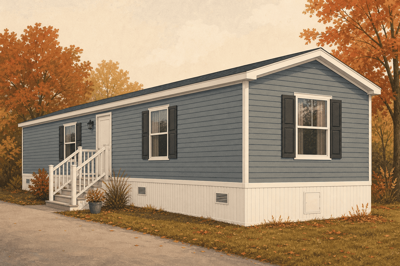 Illustration of a manufactured home with neat vinyl skirting and a small vented access panel