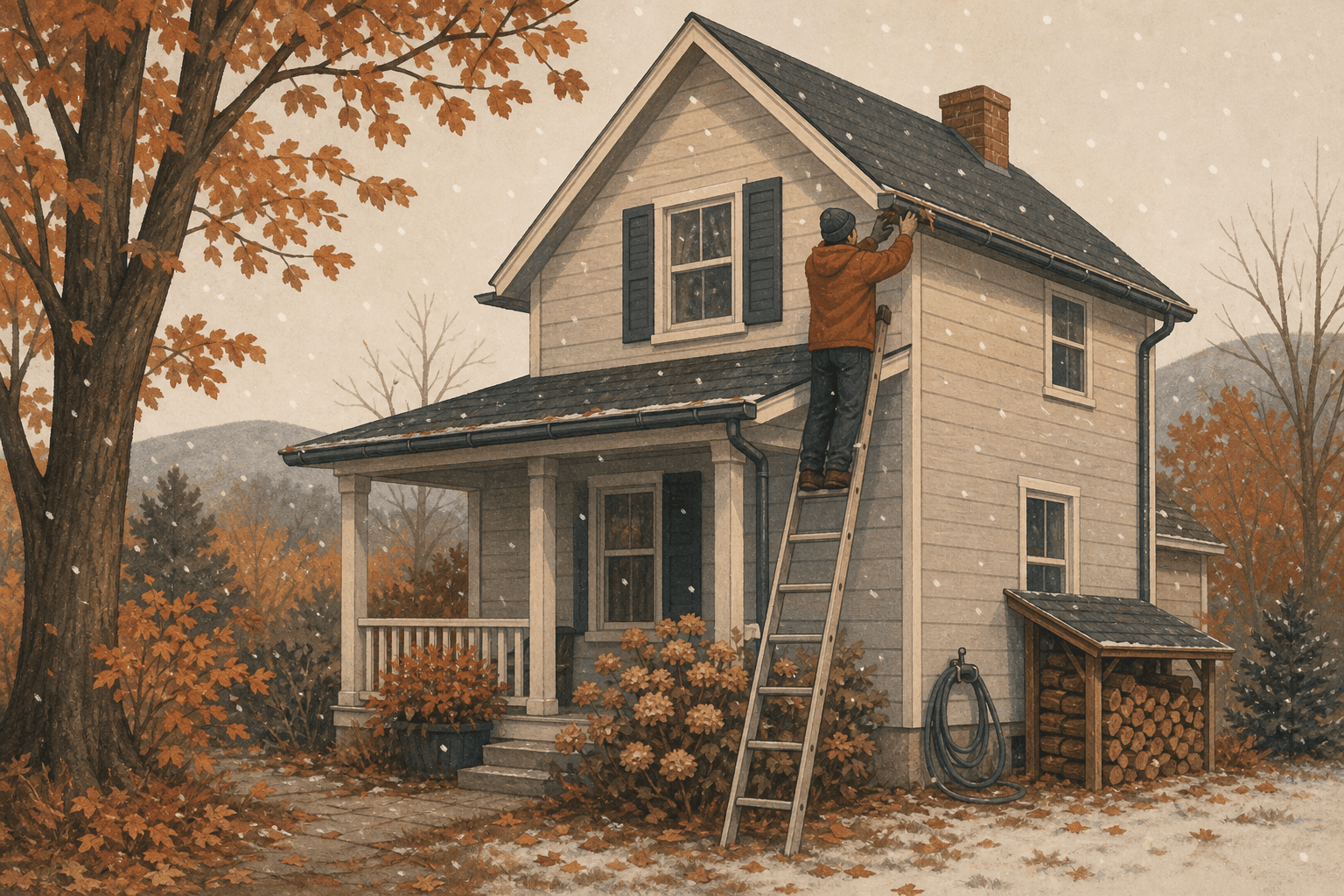 Illustration of a house being readied for winter with gutters cleared and firewood stacked