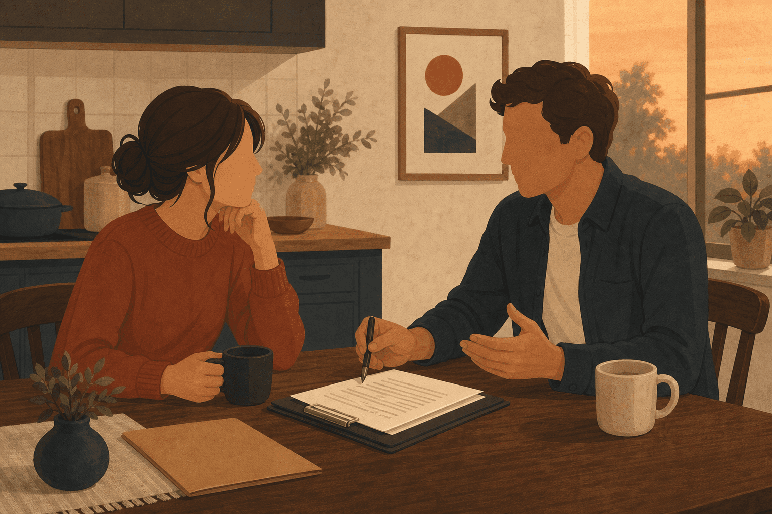 Illustration of a homeowner and contractor reviewing paperwork together at a kitchen table