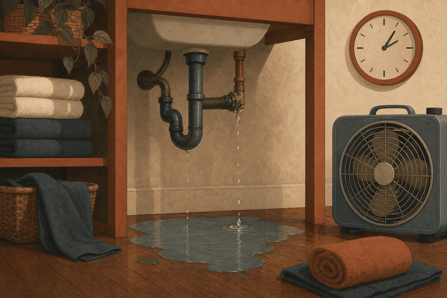 Illustration of water pooling on a wood floor under a leaking pipe with towels and a fan staged nearby