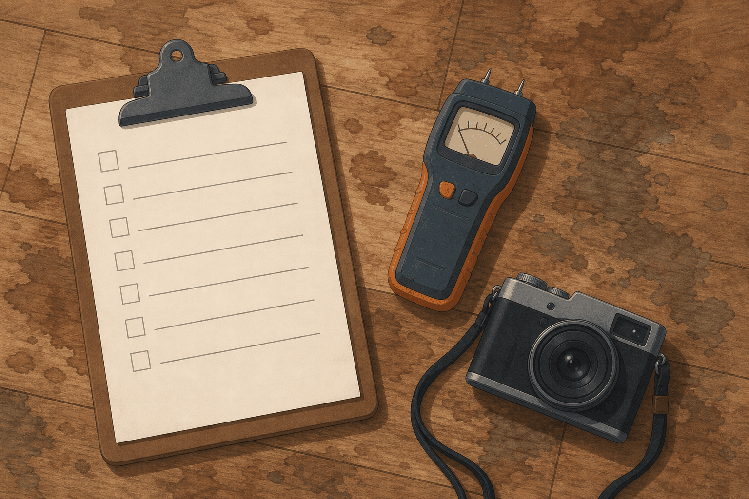 Illustration of a clipboard checklist, moisture meter, and camera resting on a water-stained floor