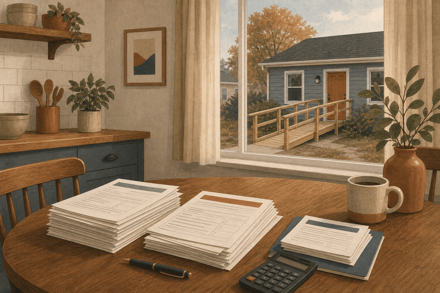 Illustration of paperwork and a calculator on a kitchen table beside a window showing a house with a ramp