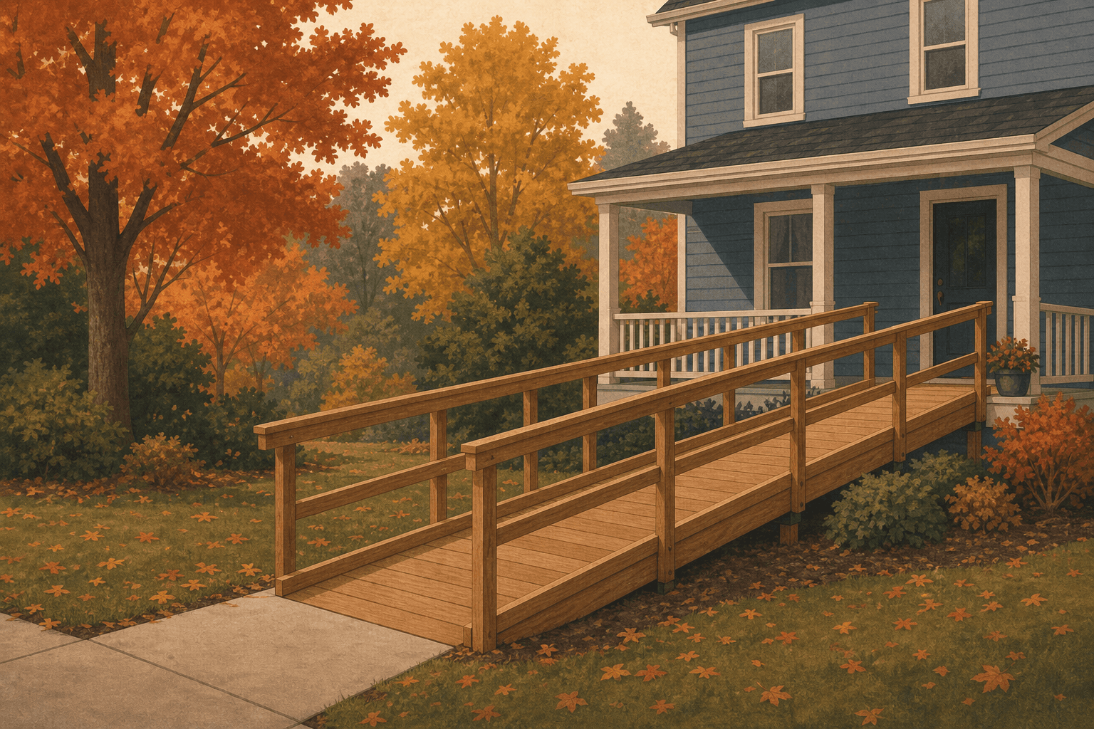 Illustration of a wooden accessibility ramp with handrails rising gently to a small front porch