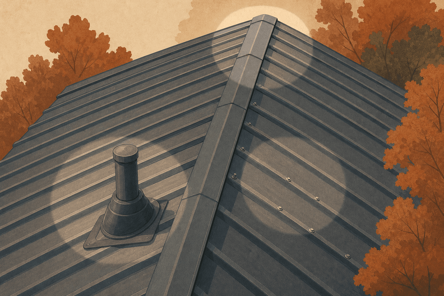 Illustration of a ribbed metal roof from above with subtle highlights at the ridge, screws, and a vent boot