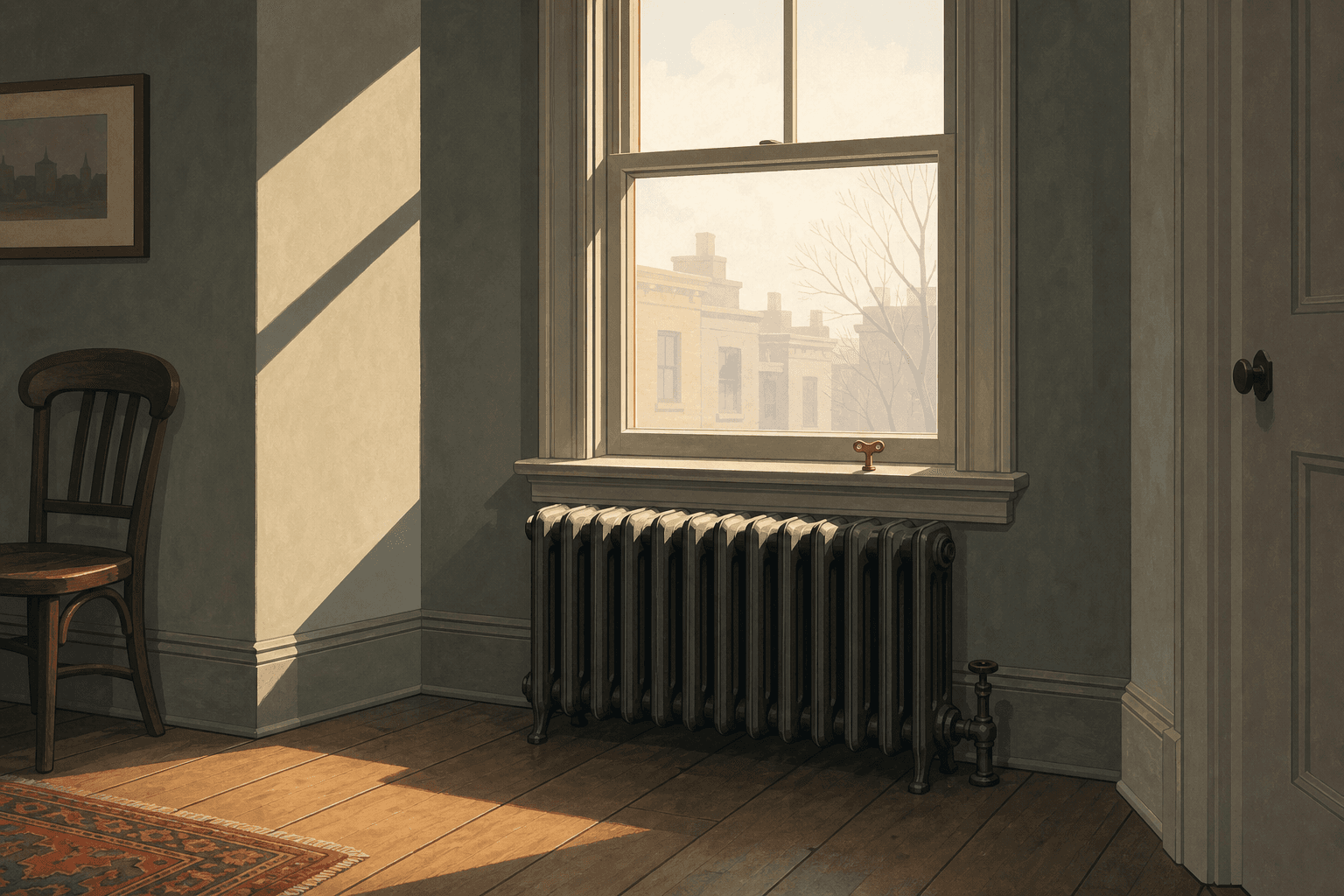 Illustration of a cast iron radiator under a tall window in an older house, with a small bleed key on the sill