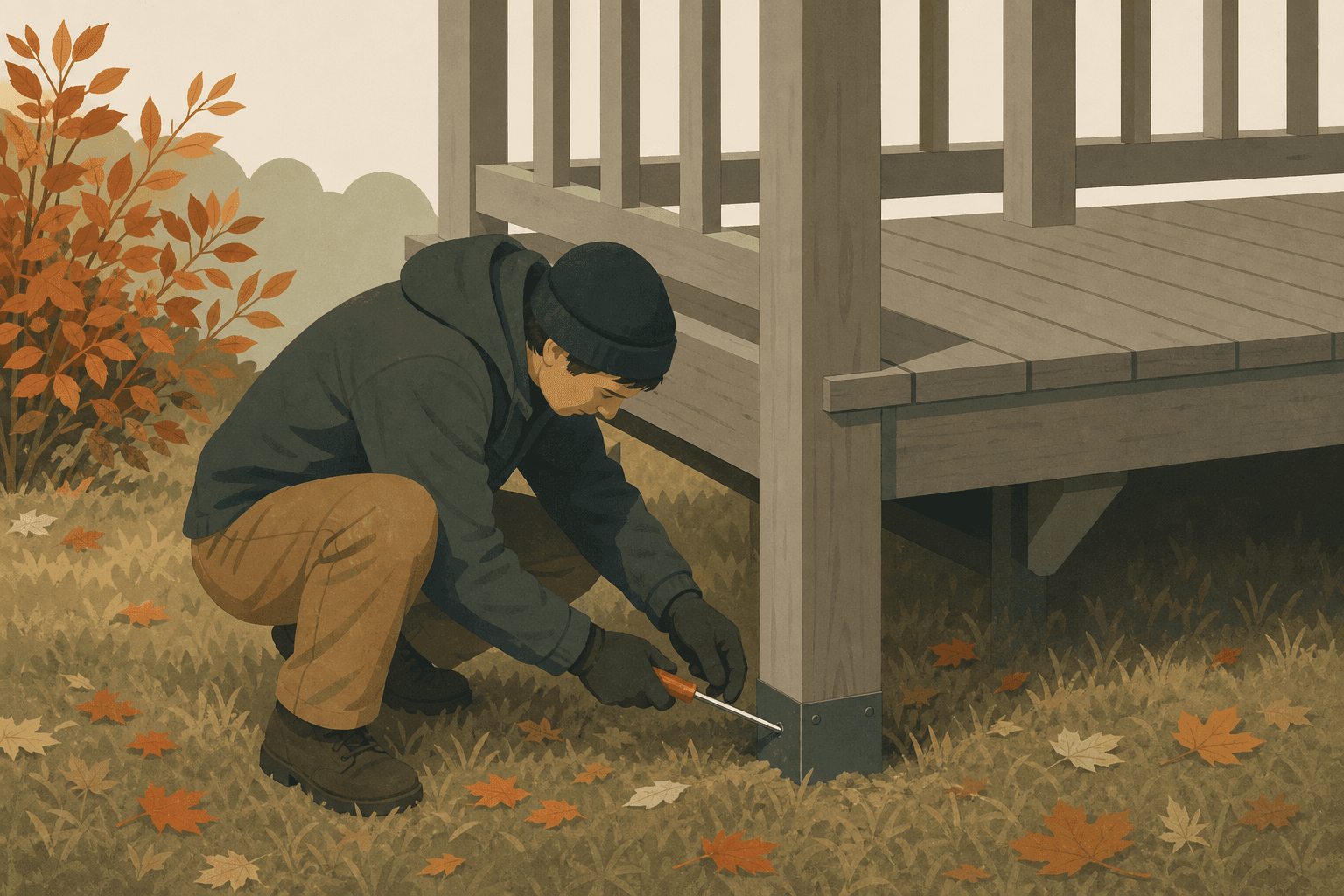Illustration of a person crouched under the edge of a wooden deck, checking a support post with a screwdriver