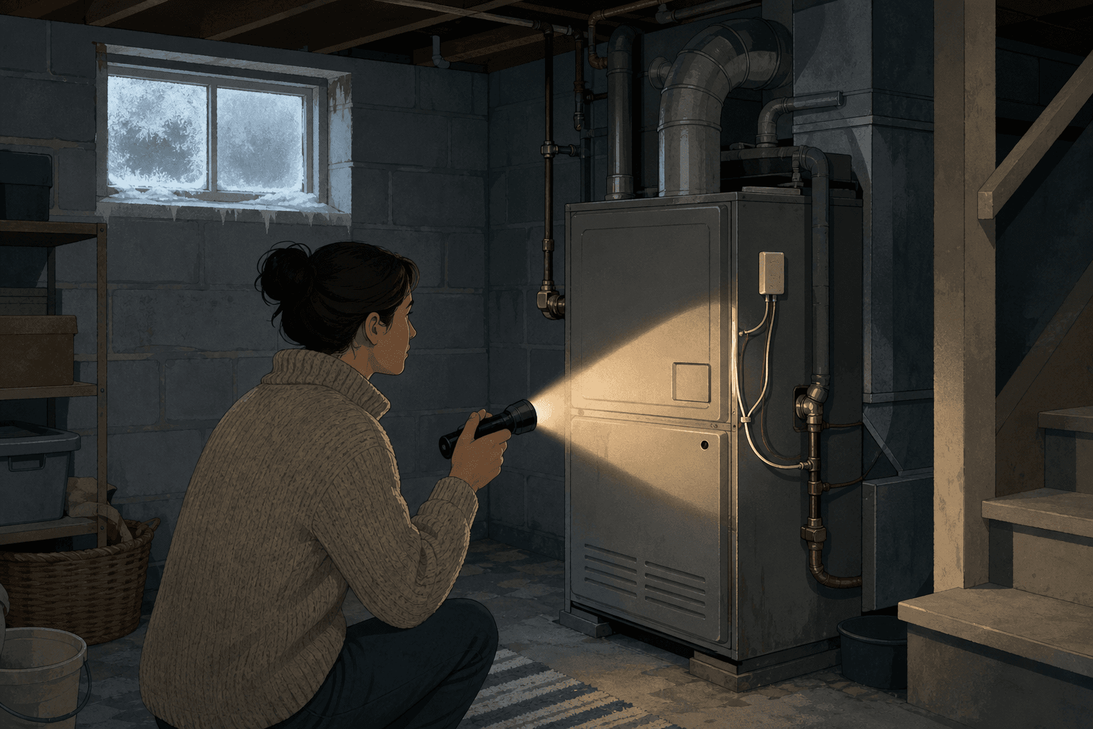 Illustration of a homeowner with a flashlight looking at a basement furnace on a cold morning