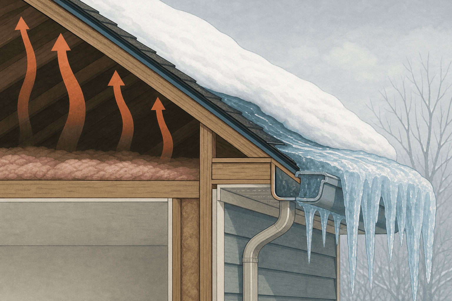 Illustration of a house eave in winter with a ridge of ice and icicles, and a cutaway showing warm air leaking from the attic into the roof