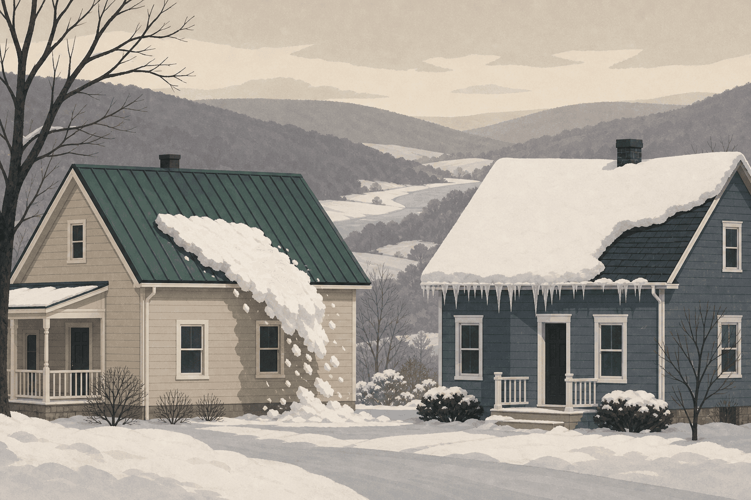 Illustration of two neighboring houses in winter, one with a ribbed metal roof shedding snow and one with shingles holding a thick snow load