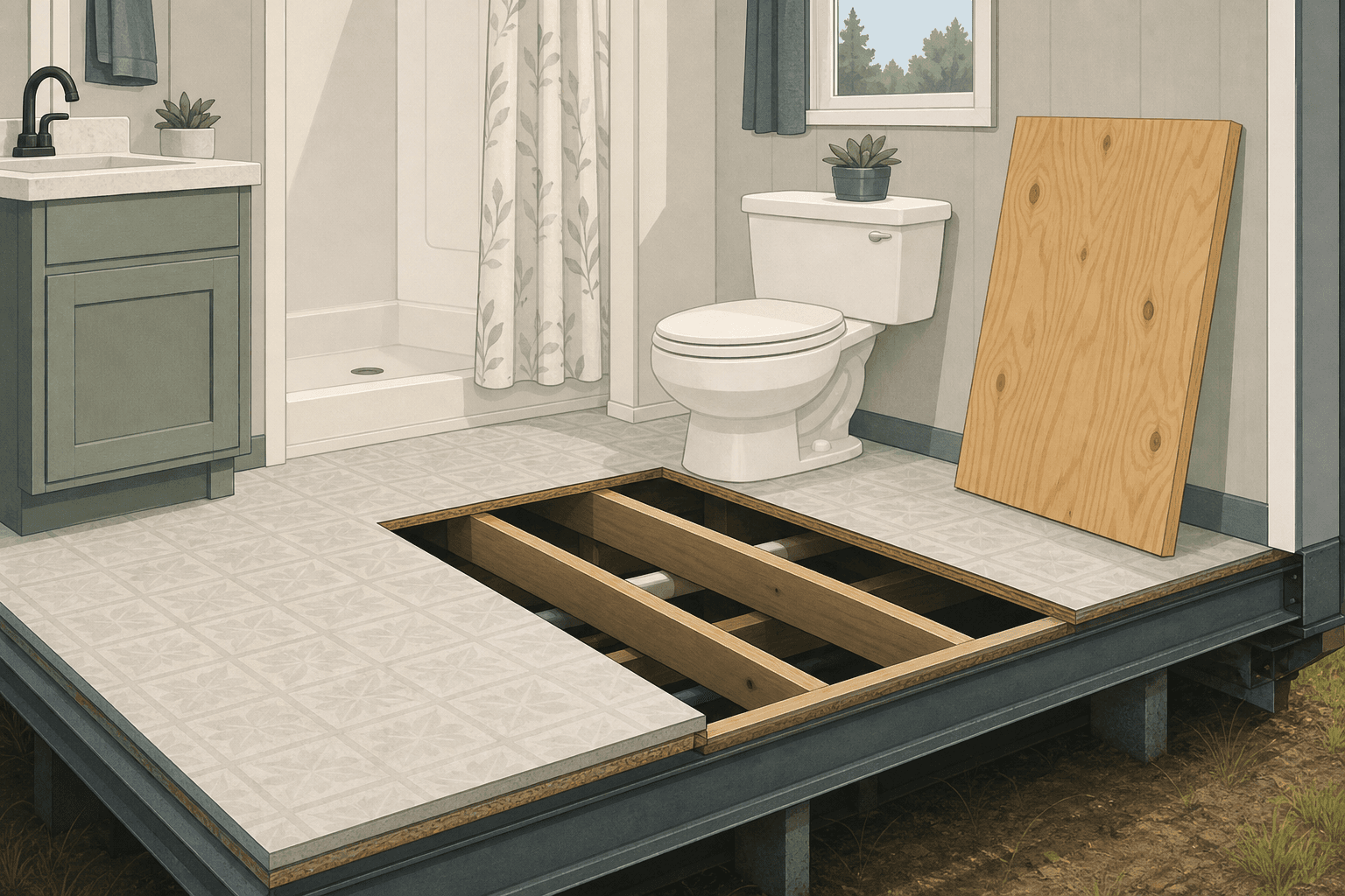 Illustration of a mobile home bathroom floor opened up beside the toilet, showing the joists below and a new plywood panel ready to go in